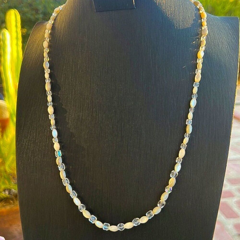 Vintage Mid-Century Mother of Pearl Rice Bead & Crystal Necklace ~27”
